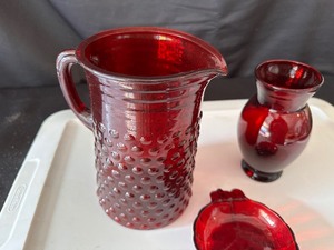 lot 163 image: Vintage Ruby Red Fenton Hobnail Pitcher, Ruby Red Vase and Creamer