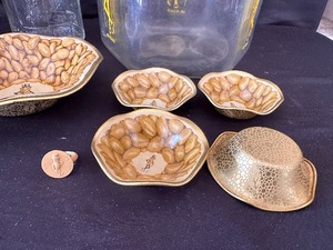 lot 168 image: Vintage Planters Hexagonal Yellow Counter Jar, Small Mr. Peanut Nut Bowls, Ring, and Planters Peanuts Glass Jar