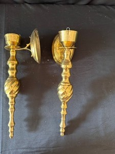 lot 203 image: Vintage Heavy Polished Brass Swirl Candle Wall Sconces - 10 Tall