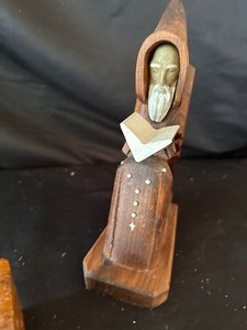 lot 217 image: Vintage Wooden Hand Carved Reading Praying Monk and Wood Trinket Box