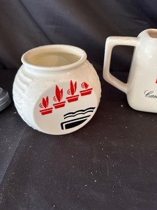 lot 219 image: Vintage Anchor Hocking Fire King Grease Jar, Canadian Club Jar, and Vintage Grolsch Beer Bottle