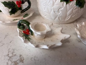 lot 307 image: Vintage White Lefton Holly & Berry Cookie Jar, Two Candle Holders, One Cup and Saucer, and Salt and Pepper Shaker