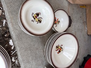 Large Lot of Vintage Metlox Poppytrail Red Rooster White Stoneware Dishes - Updated with item numbers