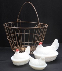 lot 28 image: CHICKEN EGG BASKET WITH MILK GLASS CHICKENS