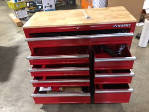 Husky 42 in. W x 18.1 in. D 8-Drawer Red Mobile Workbench Cabinet with Solid Wood Top Damaged   Customer Returns See Pictures