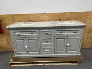 lot 16 image: HOME DECORATORS COLLECTION Sadie 67 in. W x 22 in. D x 35 in. H Double Sink Freestanding Bath Vanity in Gray w Lightly Veined White Marble Top