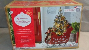 lot 22 image: Members Mark 46 Inch Pre-Lit Topiary in Red Sleigh Let it Snow NEW