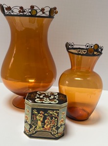 lot 10 image: Decorative AMBER GLASS Vases & Asian Tea Tin