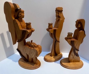 lot 30 image: 3pc Wood Nativity Handmade Oak Joseph, Mary, Baby Jesus, Angel Candle Holders