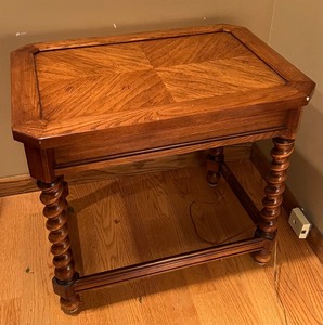 lot 36 image: Vintage Parquet Top Side Table wTurned Barley Twist Leg 