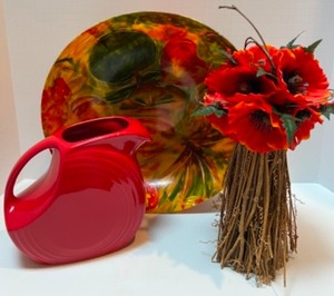 lot 48 image: Home Decor Lot with Fiesta Pitcher, Poppy Arrangement