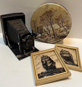 lot 53 image: Bellows Camera, Vintage Tin & Silhouettes, Rounded Glass Pictures