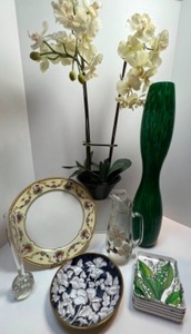 lot 63 image: ITALY Plates, Art Studio Glass Vase, Faux Orchid and More