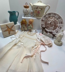 lot 64 image: Porcelier Teapot Storybook Dolls Linen Dress and Bonnet Lenox Girls Room Decor