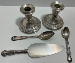 lot 5 image: Vintage Lot of Sterling Silver GORHAM Weighted Candlesticks Spoons Cake Knife