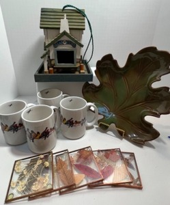 lot 70 image: Its For the Birds Bird Feeder, Mugs, Large Ceramic Leaf & Coasters