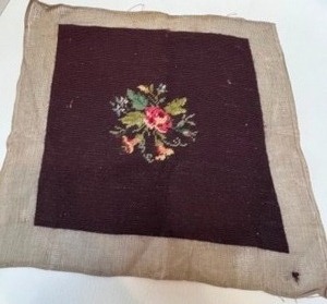lot 90 image: Vintage NEEDLEPOINT Floral Pillow or Chair Cushion Craft Piece