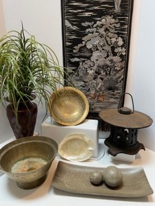 lot 103 image: Asian Home Decor Collection Silk Woven Runner, Cast Iron Tea House Lantern & Brass Bowls