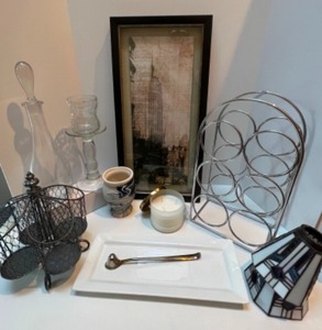 lot 114 image: Metropolitian Home Decor Vertical Picture, Nemadji Pottery, Tiffany Style Lamp Shades & More