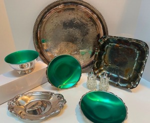 lot 119 image: Retro Silver Plated & Green Enamel Lined Decorative Serving Pieces