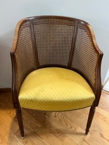 lot 134 image: Vintage Caned Barrel Back Chair wCushion, Nailhead Trim