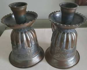 lot 307 image: Antique Pair Handmade Carved Copper Candlesticks