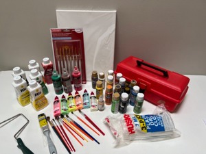 lot 200 image: Lets Paint Fabric Paint, Acrylic Paint, Canvas, Brushes, Dyes & More New & Old