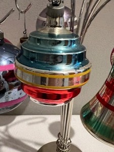 lot 153 image: Mercury Glass Christmas Ornaments on Umbrella Display Hanging Rack includes Shiny Brite UFO
