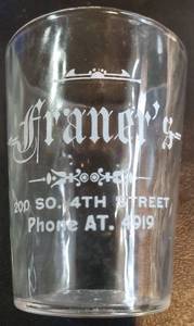 lot 330 image: Vintage Whiskey Shot Glass FRANERS Bar Glass Minneapolis, MN
