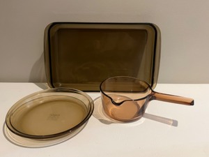 lot 189 image: Vintage PYREX Visionware Smokey Brown Glass Cooking Pots and Pans