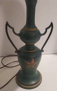 lot 314 image: Vintage Tole Ware Green & Gold Table Lamp w Milk Glass Torchiere Shade