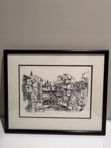 lot 344 image: Litho Print Pen and Ink Drawing signed E. Almonza Roa of the Calle Miguel Hidalgo Framed