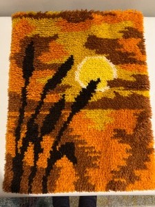 lot 259 image: Vintage 60s SHAG Acrylic Latch Hook Rug Wall Hanging Sunset Scene