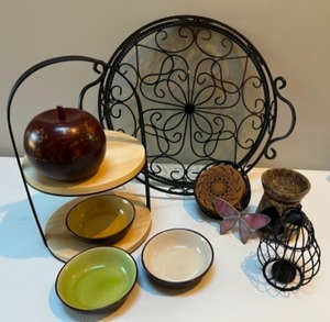 lot 249 image: Lets Decorate Black Iron Glass Base Tray, Candle Holders, Tiered Wood Tray, Apple Trinket Box & More