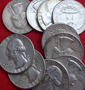 Lot of (10)                               90% SILVER QUARTERS - 1960s 90% Silver Washington Quarters