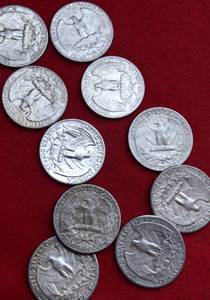 Lot of (10)                               90% SILVER QUARTERS - 1960s 90% Silver Washington Quarters