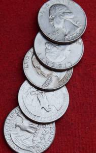 Lot of (5)                               90% SILVER QUARTERS - 1960s 90% Silver Washington Quarters