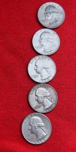 Lot of (5)                               90% SILVER QUARTERS - 1960s 90% Silver Washington Quarters