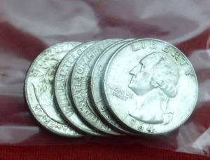 Lot of (5)                               90% SILVER QUARTERS - 1960s 90% Silver Washington Quarters