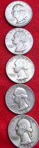 Lot of (5)                               90% SILVER QUARTERS - 1950s 90% Silver Washington Quarters