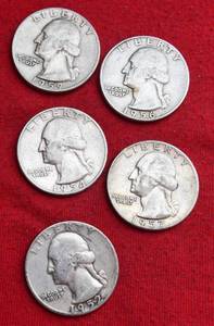 Lot of (5)                               90% SILVER QUARTERS - 1950s 90% Silver Washington Quarters