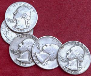 Lot of (5)                               90% SILVER QUARTERS - 1950s 90% Silver Washington Quarters
