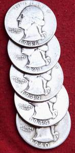 Lot of (10)                               90% SILVER QUARTERS - 1940s 90% Silver Washington Quarters