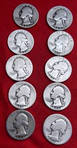 Lot of (10)                               90% SILVER QUARTERS - 1940s 90% Silver Washington Quarters