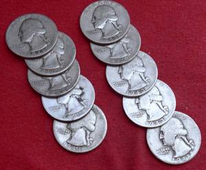 Lot of (10)                               90% SILVER QUARTERS - 1940s 90% Silver Washington Quarters