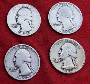 Lot of (4)                               90% SILVER QUARTERS - 1930s 90% Silver Washington Quarters