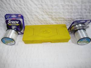 Lot of 5-Bass Pro 6 Compartment Tackle Box and 4 Spools of Line