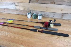 Lot of 3 Fishing Poles, 1 w Reel & 3 Spools of Fishing Line