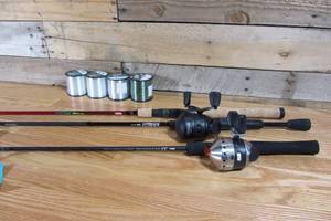Lot of 3 Rods, 2 w Reels & 4 Spools of Fishing Line