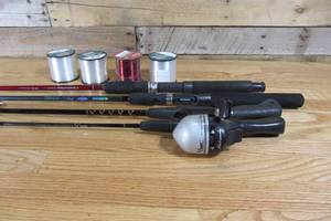 Lot of 4 Fishing Poles, 3 Reels & 4 Spools of Fishing Line